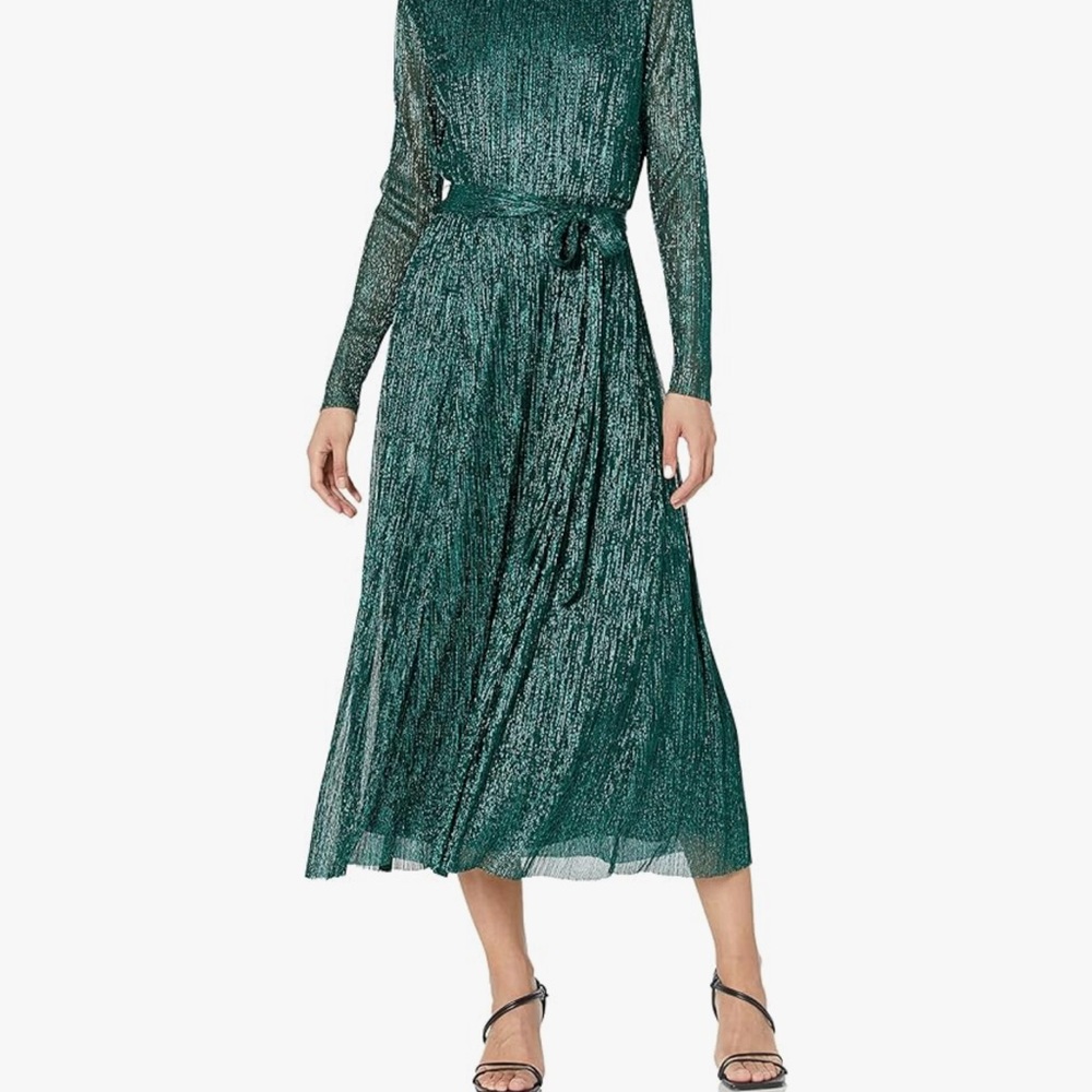 Anne Klein Green Pleated Wrap Gown with Bishop Sleeves